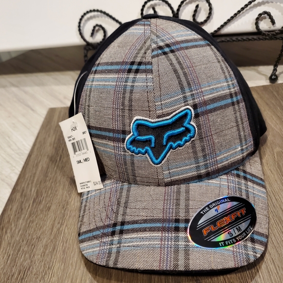 Womens Fox Racing Flex Fit Blue Plaid Hat SMALL / MEDIUM NWT - Picture 1 of 8